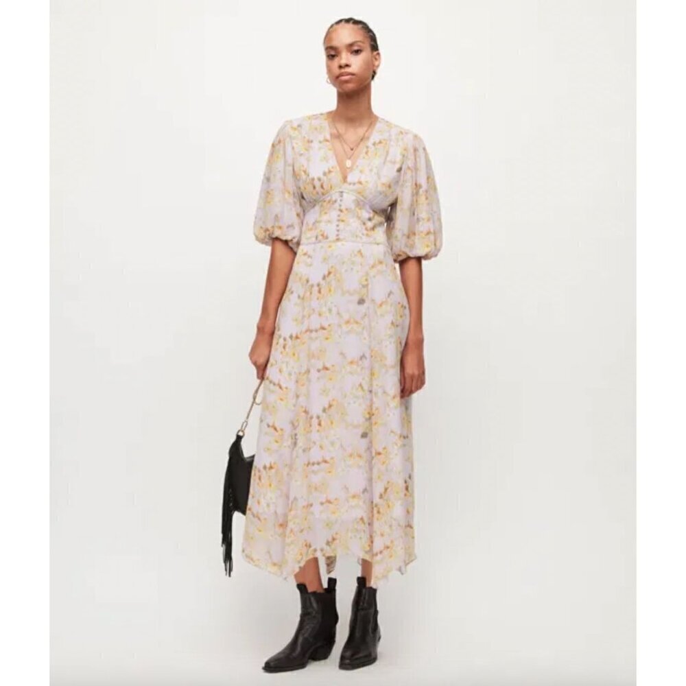 AllSaints Aspen Momo Floral Midi Dress Purple Womens SIze 10 - Picture 3 of 13